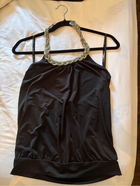 Marciano Black Halter Camisole with Metallic Braided Neckline